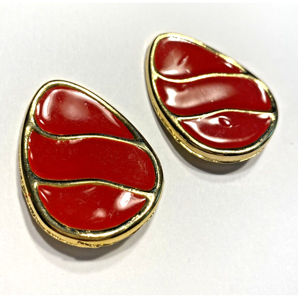 Red Shoe Clips Vintage 1980's Chunky Goldtone & Enamel Finish Egg Shaped Ovals - Picture 1 of 7